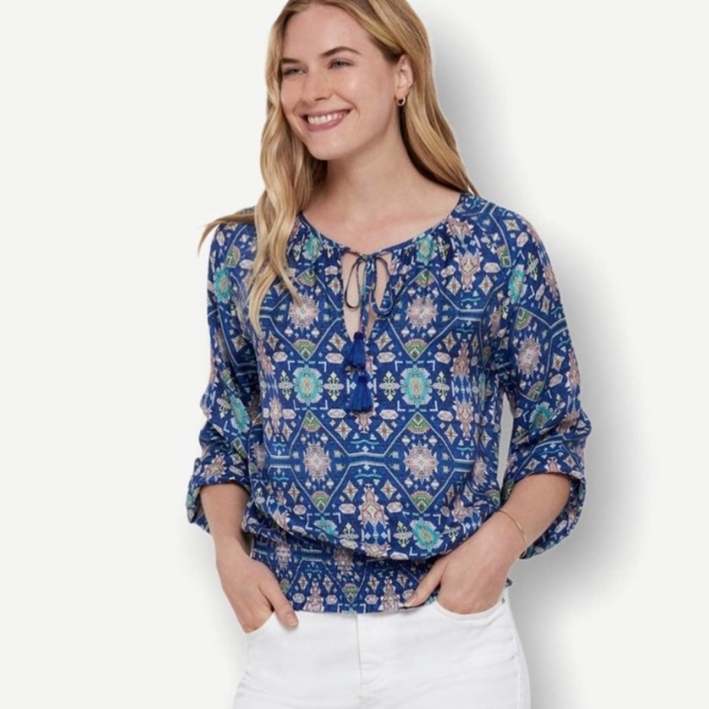 Anthropologie Ecru Weaver Kilim Royal Cobalt Blue Silk Tie Neck Tassel Blouse  M